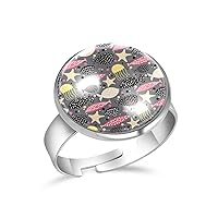 Pink Black Yellow Fish Jellyfish Starfish Adjustable Rings for Women Girls, Stainless Steel Open Finger Rings Jewelry Gifts