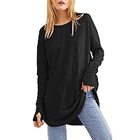 Ladies Tops and Blouses Spring Casual Long Sleeve Travel Blouse Ladie's Plus Size Round Neck Loose Fit Plain Cool Blouses Female Black Womens Long Sleeve Tee Shirt X-Large