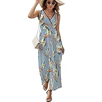 Horse with Hat Women's Sleeveless Dress V Neck Flowy Hem Sundresses Summer Beach Maxi Dress