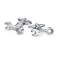 Construction Worker Mechanics Tools Socket Wrench Solid Shirt Cufflinks For Men Silver Tone Stainless Steel Hinge Bullet Back