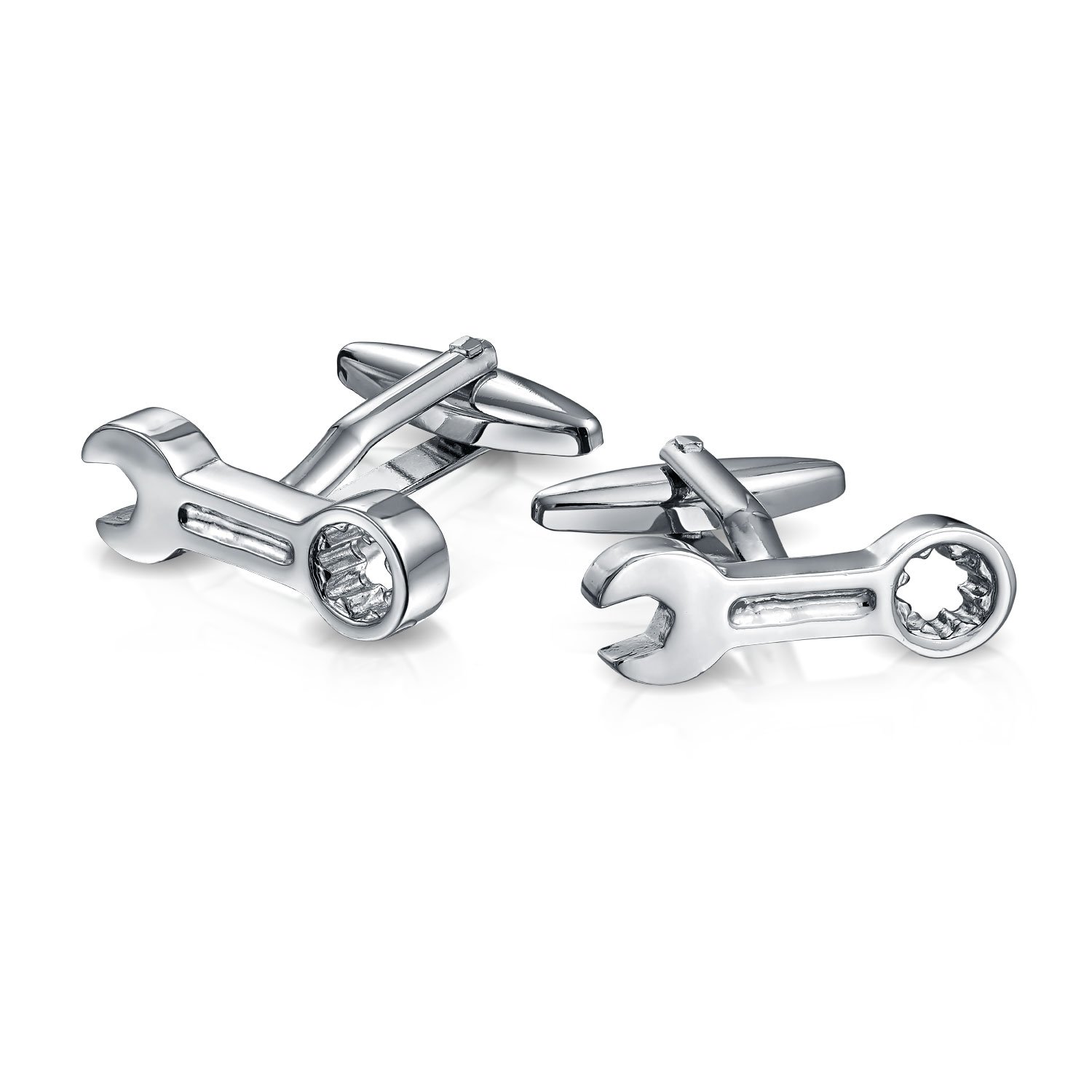 Bling Jewelry Construction Worker Mechanics Tools Socket Wrench Solid Shirt Cufflinks for Men Silver Tone Stainless Steel Hinge Bullet Back