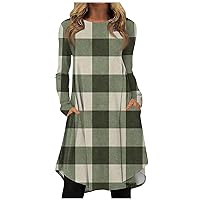 Long Sleeve Dress for Women Fashion Casual Spring Plaid Pattern Printed Round Neck Pullover Loose Plus Size Dresses
