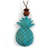 Melange Teal Wood Pineapple Pendant with Brown Cotton Cord Necklace - 96cm Long/ 10cm Front Drop - Adjustable