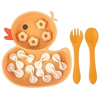 Powerful Suction Plates for Baby and Toddler,Baby Divided Plate,Thanksgiving Plates with Fork and Spoon,Duck Baby Plate Non-Slip,BPA Free,Microwave & Dishwasher Safe (Orange)
