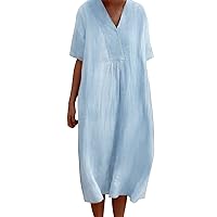 Linen Dress Women 2024 Summer Beach Casual Cotton Gauze Dresses V Neck 3/4 Sleeve Loose Fit Shift Dress
