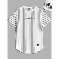 Men's T-Shirts Men Letter Graphic Patch Detail Striped Tee T-Shirts for Men (Color : White, Size : X-Large)