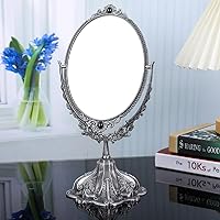 Guppy Metal Vintage Makeup Mirror, Tabletop Oval Cosmetic Mirror, Vintage Swivel Double Sided Cosmetic Mirror with Embossed Frame Stand Base, Retro Mirror for Dresser Counter Display-Silver