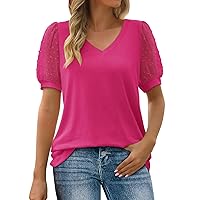 Womens Classic T-Shirts Sheer Swiss Dot Puff Short Sleeve Tops Sumemr Trendy Casual Loose V-Neck Solid Tee Blouses