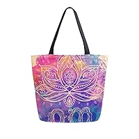 ALAZA Vintage Boho Style Lotus Flower Large Canvas Tote Bag Shopping Shoulder Handbag with Small Zippered Pocket