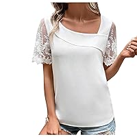 Women's Elegant Floral Lace Blouse Dressy Casual Short Sleeve Tops Summer Flowy Shirts Ladies Stylish Tunic Blouses