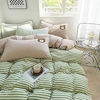 Washed Cotton Super Soft Four-Piece Set of Fashionable Four-Season Quilt Cover and Bed Sheets (Color : Green Strips+Milk Tea, Size : 1.5m Bed)
