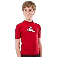 XCEL Boy's 4-Way Stretch Fabric Short Sleeve Rashguard, Deep Red/Deep Red-White Floral