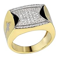 Real Solid 925 Sterling Silver Mens Ring - 14k Gold Finish - Hip Hop Ring Iced With Micropave Cz - Christian Cross On Sides