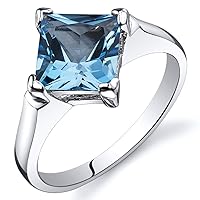 PEORA Swiss Blue Topaz Engagement Ring for Women 925 Sterling Silver, Classic Solitaire, Natural Gemstone, 2 Carats Princess Cut 7mm, Sizes 5 to 9