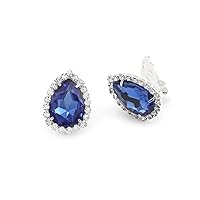 Silver Crystal Rhinestone Teardrop Wrap Clip Earrings with Pear Shaped Sapphire Rhinestone