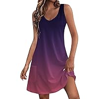 Summer Dresses for Women 2024 Beach Loose V Neck Sleeveless Solid/Gradient Color Swing Dress Sundresses with Pockets