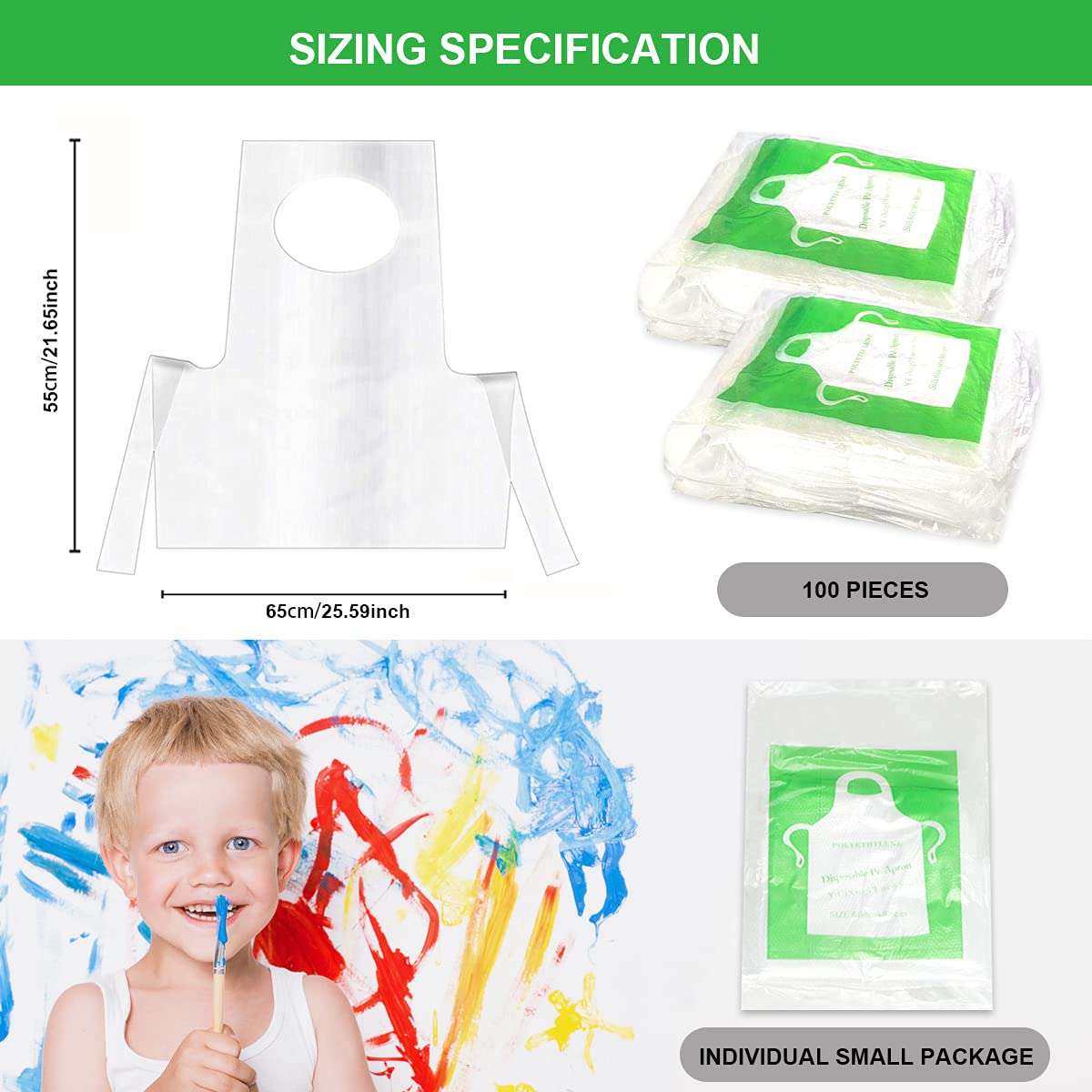 Disposable Aprons Plastic Aprons for Kids Small Clear Polythene Waterproof Great for Painting, Cooking, Age 4-12