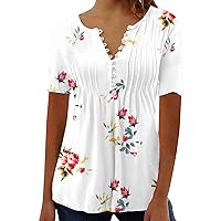 Women's Short Sleeve Tops Dressy V Neck Pleated Button Up Tunic Tops Blouses Casual Loose Shirts Fashion 2024