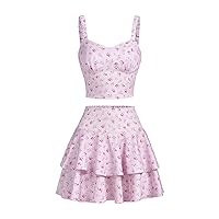 Girl's 2 Piece Floral Print Sleeveless Shirred Cami Top and Tiered Layer Ruffle Hem Skirt Sets