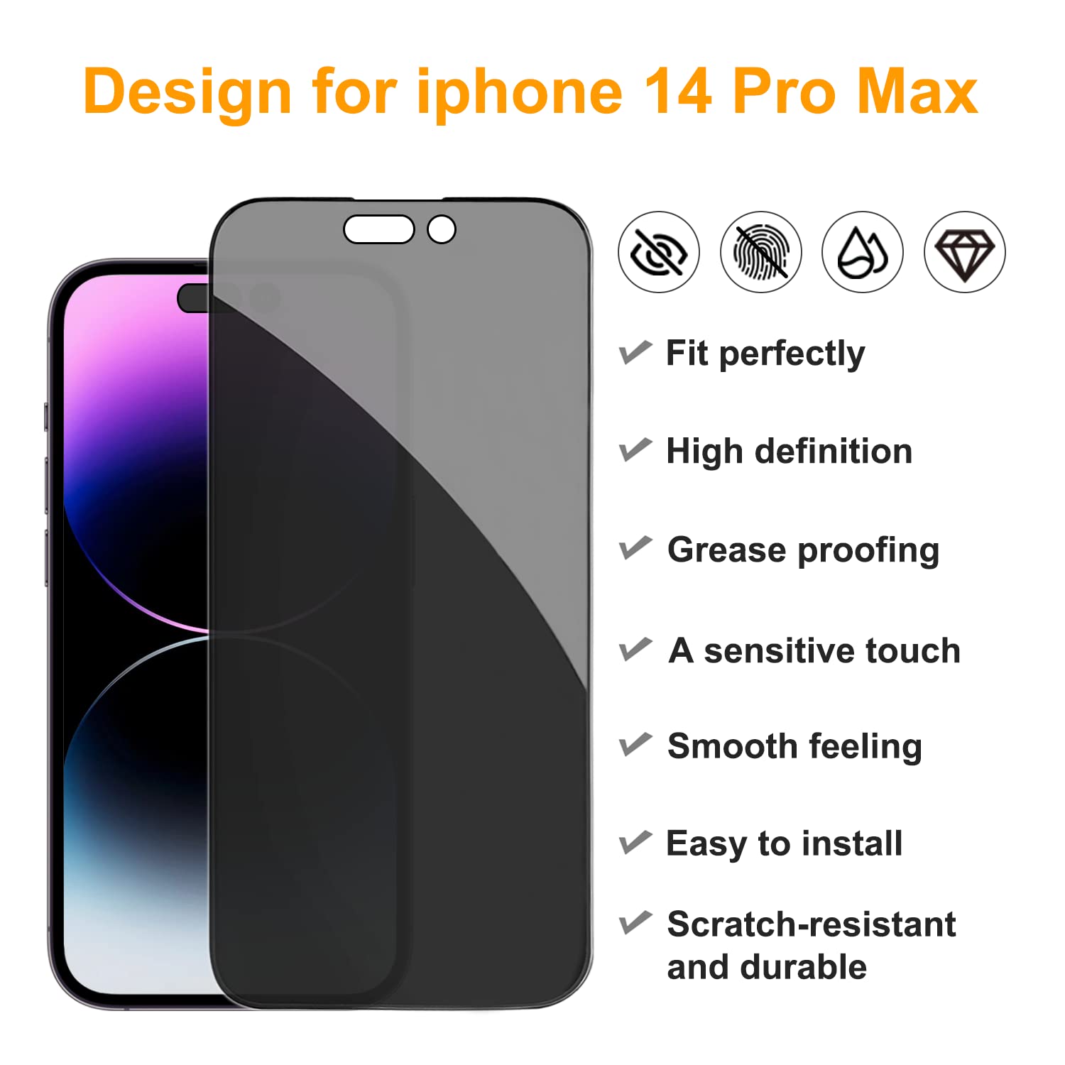 Pehael [2+2 Pack] iPhone 14 Pro Max Privacy Screen Protector with Camera Lens Protector Full Coverage Anti-Spy Tempered Glass Film 9H Hardness Upgrade Edge Protection Easy Installation Bubble Free Specially Designed for iPhone 14 Pro Max [6.7 inch]