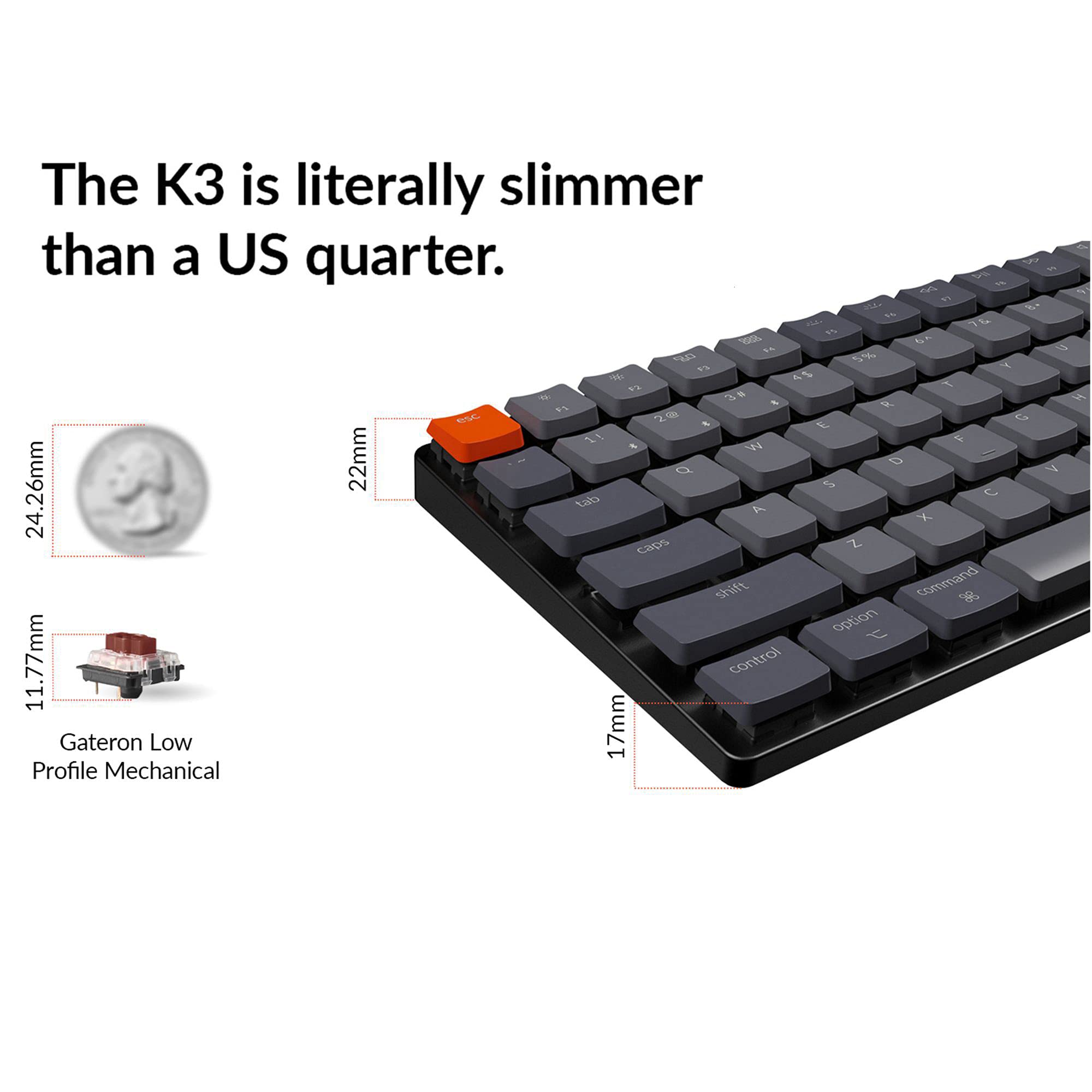 Keychron K3 Version 2, 84 Keys Ultra-Slim Wireless Bluetooth/USB Wired Mechanical Keyboard with White LED Backlit, Low-Profile Gateron Mechanical Brown Switch Compatible with Mac Windows