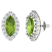 3.74 ct Marquise Round Cut Halo Solitaire VVS1 Natural Peridot Pair of Solitaire Stud Screw Back Earrings 18K White Gold