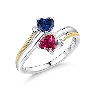 925 Silver and 10K Yellow Gold Blue Created Sapphire Red Created Ruby and Lab Grown Diamond 2 Heart Promise Couple Engagement Mother Ring For Women (1.12 Cttw, Available In Size 5, 6, 7, 8, 9)