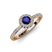 Round Blue Sapphire & Natural Diamond 1 ctw Women Floral Halo Engagement Ring 14K Gold