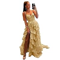 Lace Tulle Tiered Prom Dresses Long Slit Spaghetti Straps Sparkly Sequin Formal Evening Party Gowns NB0185