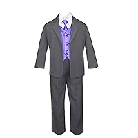 7pc Formal Boys Dark Gray Suits Extra Purple Vest Necktie Sets S-20