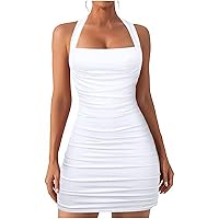 Sexy Halter Neck Ruched Bodycon Mini Dresses for Women Sleeveless Backless Tank Dress Slim Fit Cocktail Party Dress Clubwear
