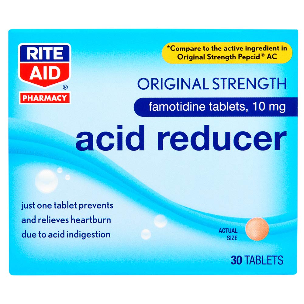 Rite Aid Acid Reducer, Original Strength Famotidine Tablets, 10 mg - 30 Count Total | Heartburn Relief | Acid Reflux | Antacid Chews & Tablets, Heartburn Chews & Tablets