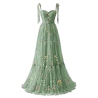 Tulle Prom Dresses for Women Flower Embroidery A-Line Formal Evening Party Gowns