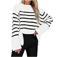 Women's 2023 Fall Winter Stripes Sweaters Slit Side Casual Crewneck Long Sleeve Loose Pullover Knit Tops Jumpers