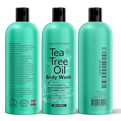 Natural Riches Tea Tree Body Wash - Body Soap to Fight Itchy Skin & Body Odor - Peppermint, Eucalyptus & Tea Tree Oil - Women & Mens Natural Body Wash - 16 fl oz