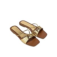 Verdusa Women's Square Toe Metallic Sandal Slides Casual Summer Slip On Flat Sandals