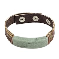 NOVICA Artisan Handmade Men's Jade Leather Wristband Bracelet with Light Green Brown Guatemala Modern 'Light Green Maya Fortress'