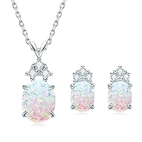 YUNKAI Sterling Silver Opal Jewelry Set Opal Necklace Earrings for Women,Oval Cut Gemstone Pendant Necklace and Stud Earrings Christmas Gift Fine Jewelry for Her Mothers Day