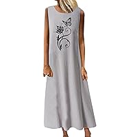 Women's Summer Maxi Dress Casual Crewneck Sleeveless Printed Cotton Linen Swing Long Dresses Beach Flowy Sundress
