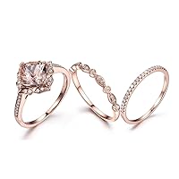 3pcs Morganite Engagement Ring Set 14k Rose Gold 7mm Cushion Antique Floral Halo Diamond Stackable Band