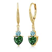 Gem Stone King 18K Yellow Gold Plated Silver Green Nano Emerald Blue Zircon and White Lab Grown Diamond Drop Dangle Earrings For Women (3.03 Cttw, Heart Shape 7MM, Round 4MM)