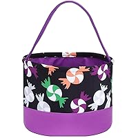 Halloween Trick or Treat Bags - Kids Candy Bucket Tote Bag - Purple & Black with Colorful Candies - Basket 6.75 x 9 inches