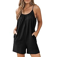 Women's Summer Casual Rompers Loose Sleeveless Jumpsuits Adjustable Spaghetti Strap Stretchy Shorts Romper Pockets