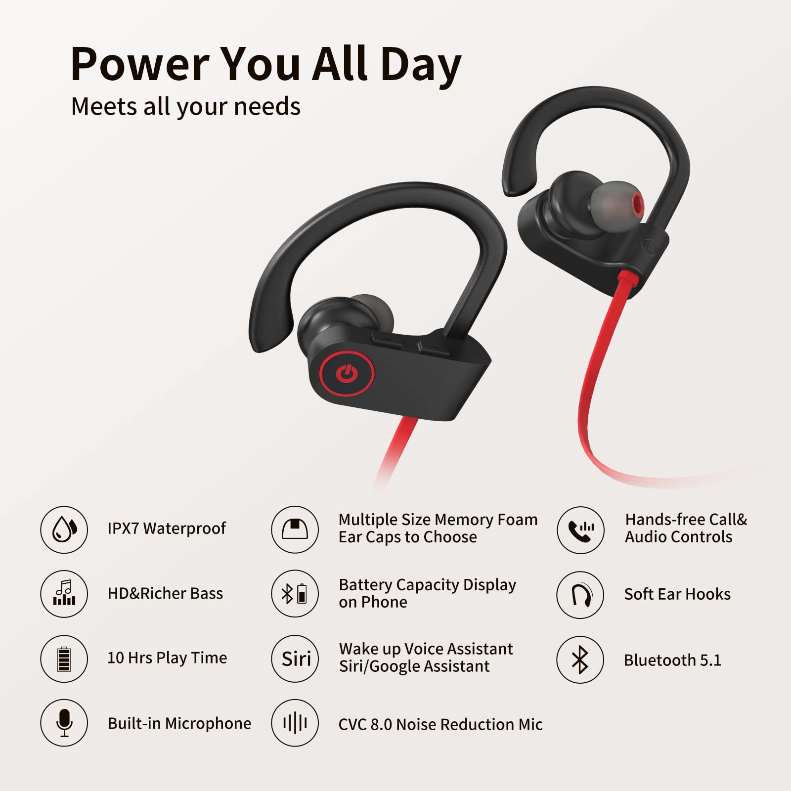 CXK Bluetooth Headphones Wireless Earbuds Bluetooth 5.3 Running Headphones with 15 Hours Playtime IPX7 Waterproof Earphones for Sports and Workout