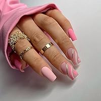 24Pcs Valentine’s Day Press on Nails Medium Coffin Glue on Nails with Pink Love Heart Designs,Matte Pink Glitter Gold Wavy Lines Full Cover False Nails French Tip Acrylic Nails Stick on Nails forWomen