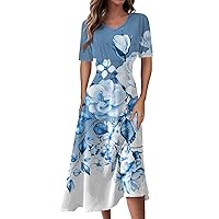 Dresses for Women 2024 Print Color V-Neck Short Sleeve Waist Long Swing Dress