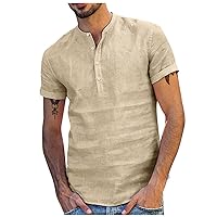Button Down Short Sleeve V Neck Linen Shirts for Men Summer Casual Cotton Henley Shirts Hippie Beach Blouses Tops