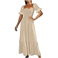 Women Frill Puff Short Sleeve Square Neck A-Line Dress Summer Fashion Ruffle Hem Flowy Pleated Empire Waist Dresses