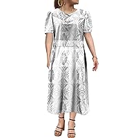 2024 New mumu Puffy Sleeve Dress White Polynesian Tribal Print Women's V-Neck Dress