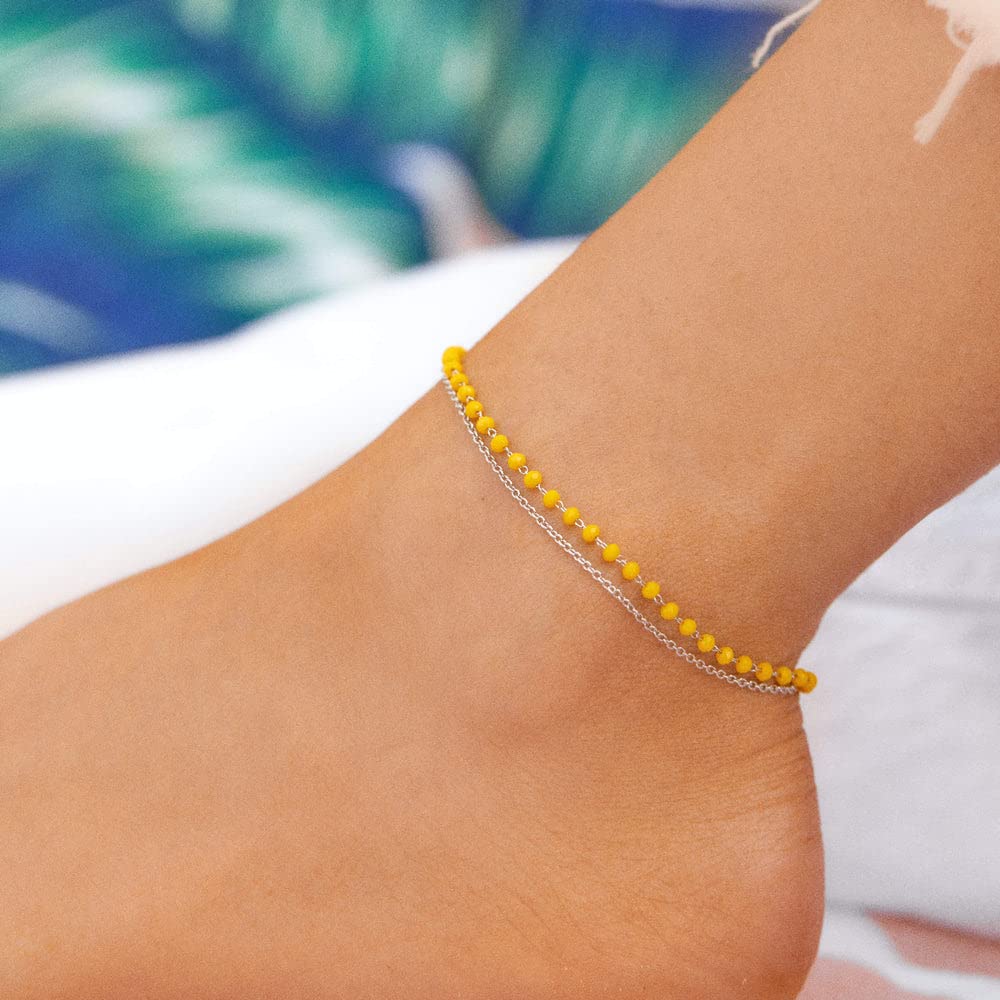 Pura Vida Silver-Plated Neon Beads Chain Anklet - Adjustable Band, Brand Charm, Brass Base - One Size